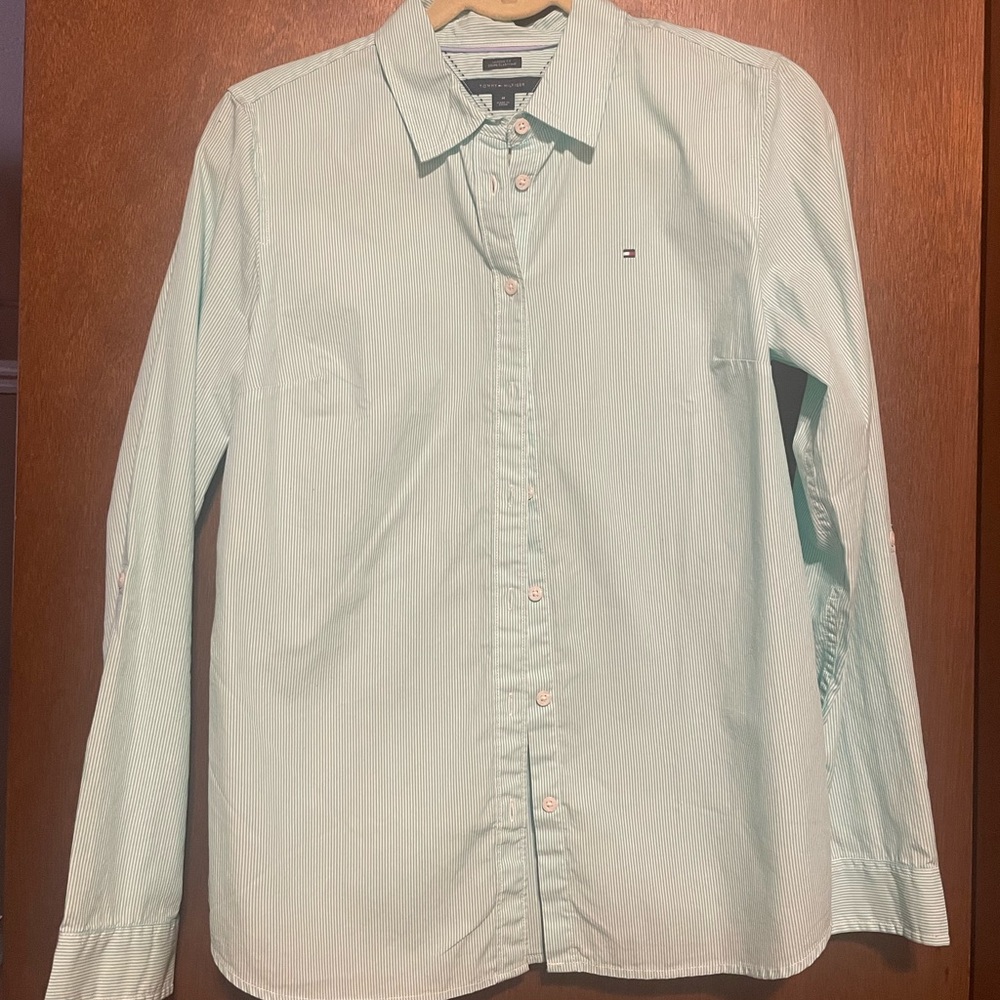 Tommy Hilfiger Green and White Striped Button Down - like new